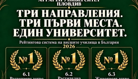  Три първи места за Аграрния университет – Пловдив според Рейтинговата система на висшите училища за 2026 г.